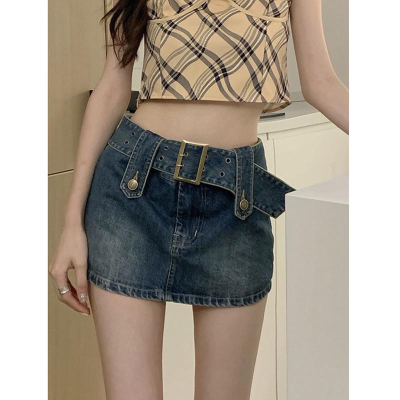 Quần váy denim phong cách retro của Mỹ dành cho nữ mùa hè váy ngắn gợi cảm Váy chữ A ngọt ngào hot girl eo cao váy hông