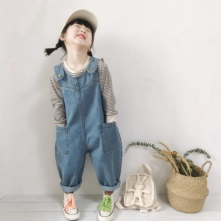 Quần Trẻ Em Phong Cách Hàn Quốc Xuân Thu Sản Phẩm Mới 2024 Bé Gái Túi Quần Rời Denim Bé Dễ Thương Lớn PP Jumpsuit