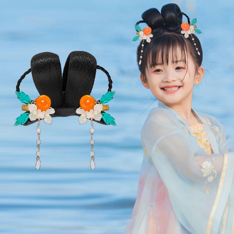 Tóc giả Hanfu cho trẻ em, phụ kiện tóc tất cả trong một phong cách cổ xưa, mũ đội đầu, túi đựng tóc trang phục cổ xưa của bé gái, búi tóc kiểu Trung Quốc