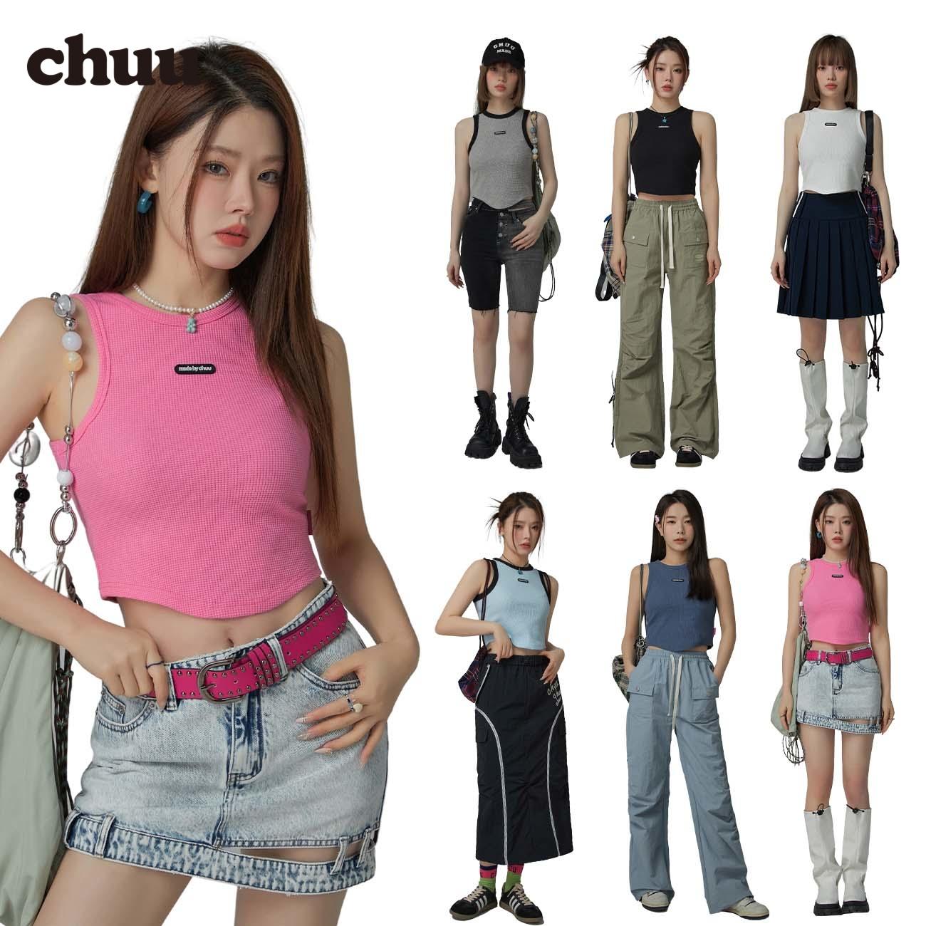 CHUU hot girl vest nhỏ nữ xuân hè 2023 sản phẩm mới phần ngắn phối màu dáng ôm vừa vặn sang trọng dây treo hình chữ I