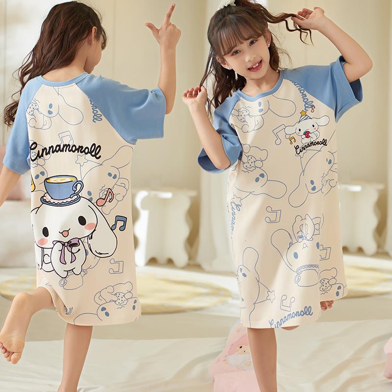 Váy ngủ cotton nguyên chất phong cách mùa hè quế chó công chúa bé gái lớn bé trai bé gái đồ ngủ ngắn tay mùa hè phục vụ tại nhà