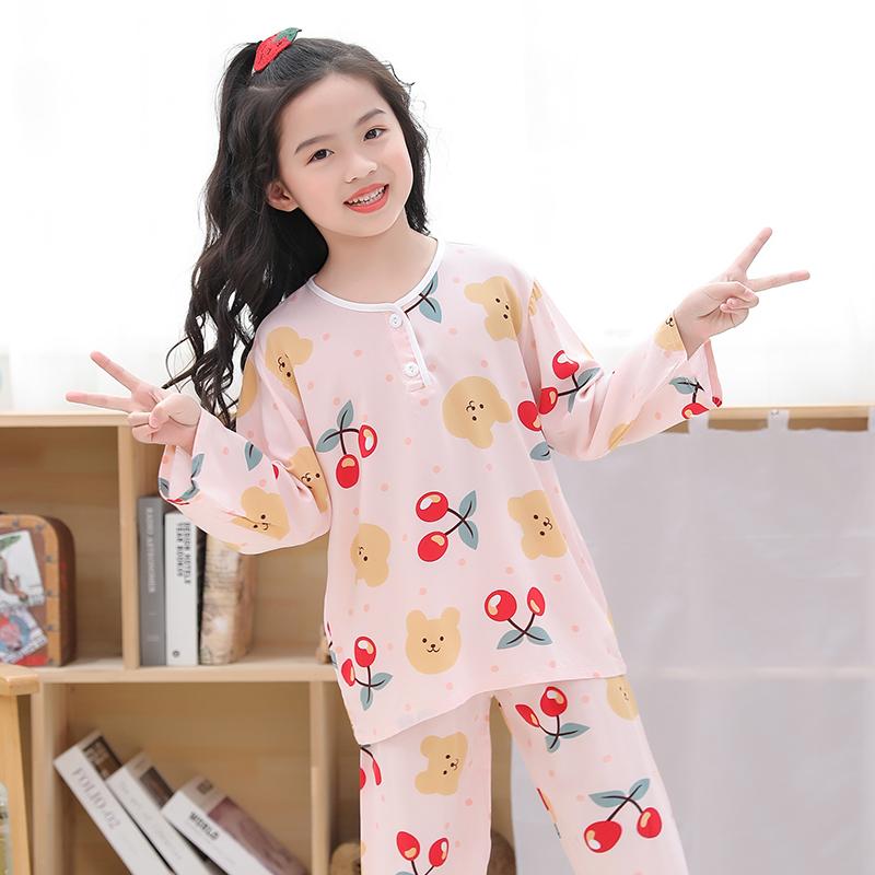 Bộ đồ ngủ trẻ em mùa hè Bộ đồ ngủ bằng lụa cotton dài tay mỏng phần vừa và lớn cho bé trai và bé gái Bộ quần áo mặc ở nhà bằng lụa cotton hoạt hình