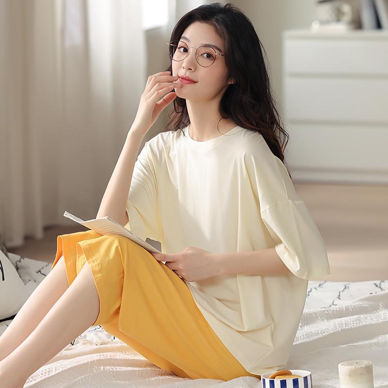 Mùa hè mỏng Modal cotton tay ngắn cắt quần áo thun cổ tròn nhỏ tươi mặc nhà trang phục hai mảnh thông thường