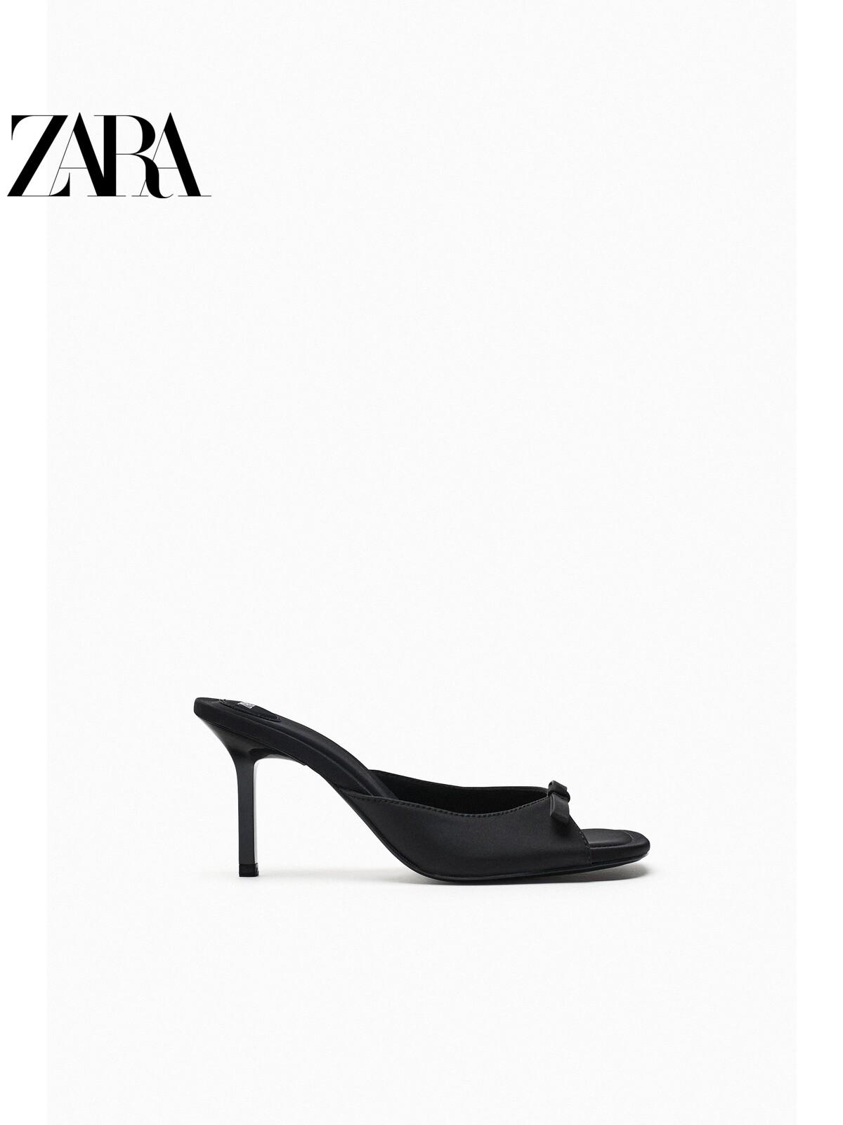 ZARA summer new TRF giày nữ vải nơ đen trang trí xăng-đan cao gót 3331110 800