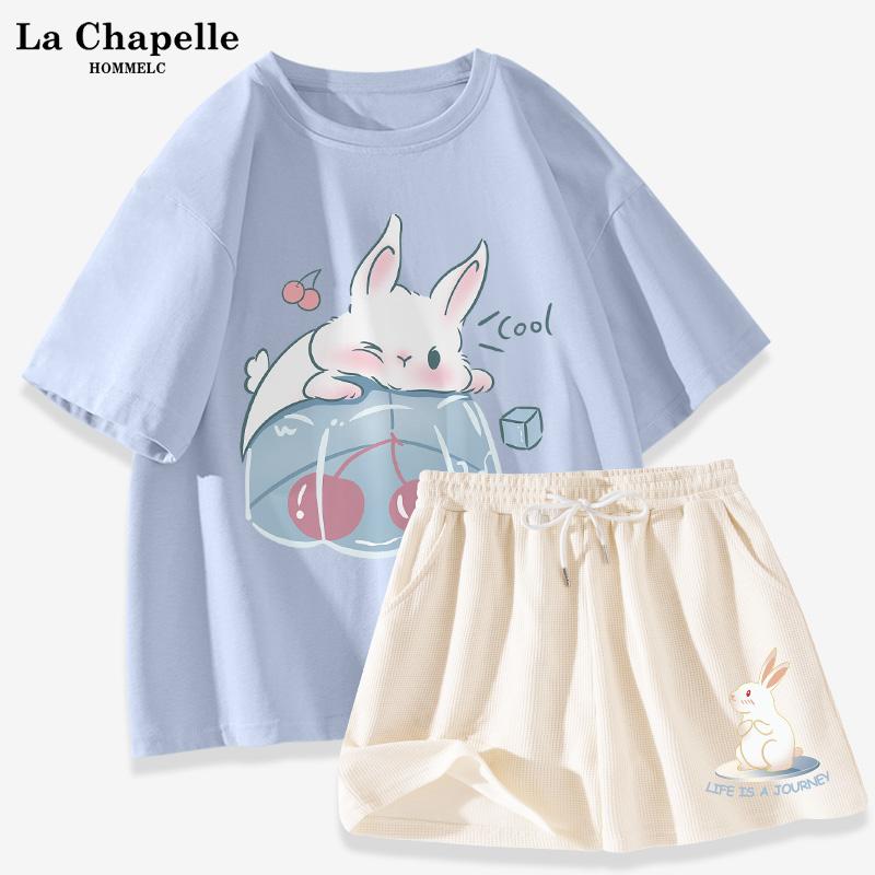 La Chapelle học sinh trung học cơ sở phù hợp với mùa hè nữ 2023 mới áo thun cotton ngắn tay màu xanh sữa thường phục thể thao X