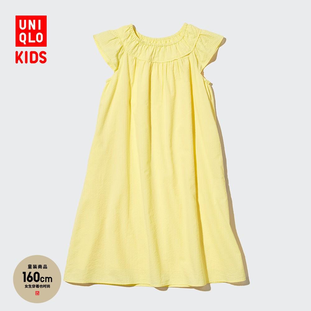 Uniqlo quần áo trẻ em/váy xếp ly seersucker bé gái (phiên bản A-line ngắn tay xuân hè 2023) 457818