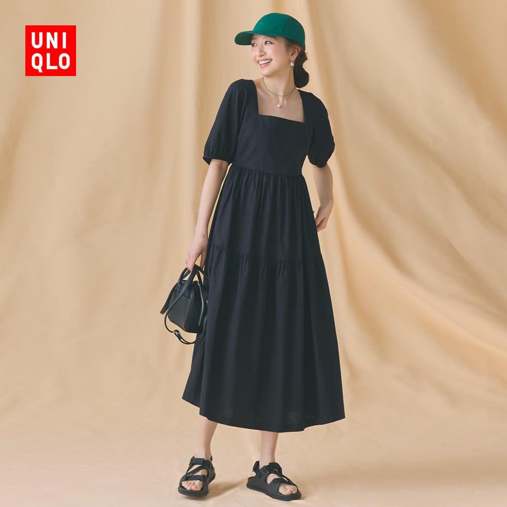 Uniqlo vải gai dầu kết hợp tay đèn lồng váy xếp li váy gió ngọt váy dài 23 mùa xuân hè 461802