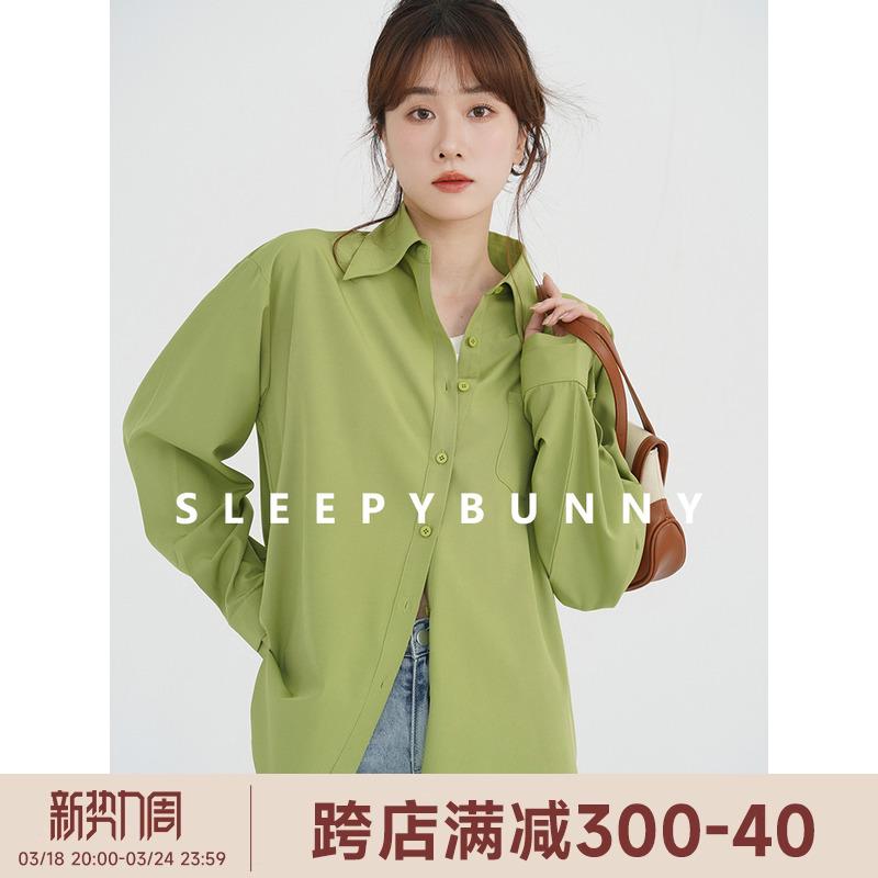 Buồn Ngủ Thỏ Áo Sơ Mi Xanh Top Nữ Xuân Thu Retro Tính Khí Dáng Rộng Đơn Giản Nhỏ Áo Sơ Mi Tay Dài