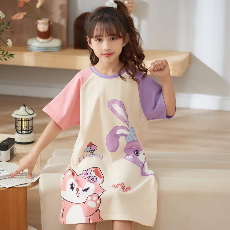 Váy ngủ bé gái tay ngắn mùa hè cotton mới cho trẻ em Bộ đồ ngủ cổ tròn dễ thương bé gái phong cách nước ngoài Quần áo mặc nhà Xingdelu