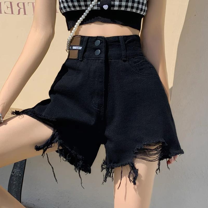 Quần short denim rách màu đen cho nữ mùa hè 2024 xu hướng mới kích thước lớn thô viền hot quần lưng cao một đường quần ống rộng