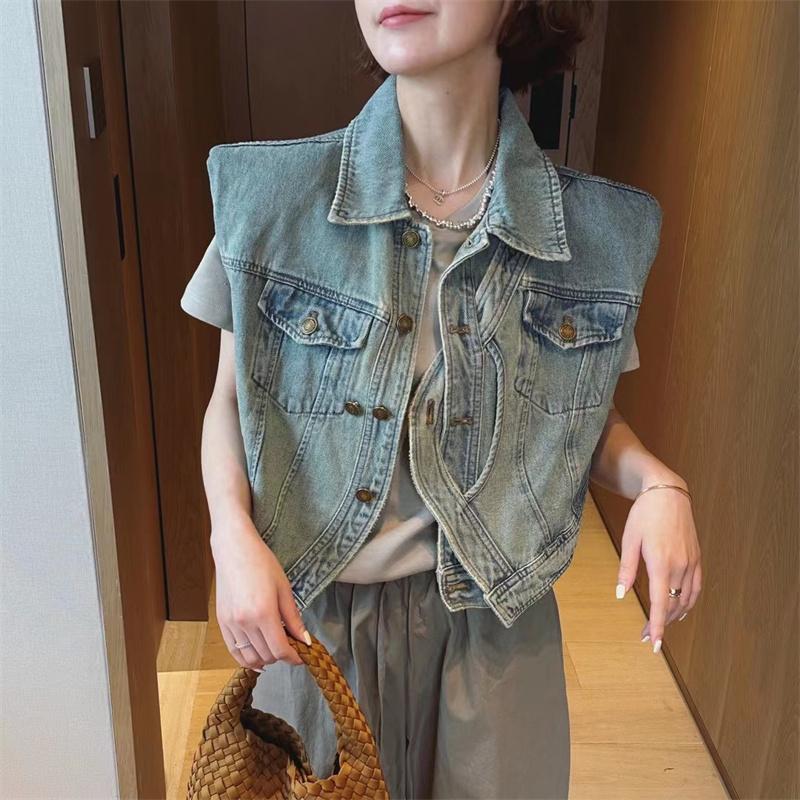 Màu Xanh Nhạt Áo Vest Vest Không Tay Nữ Châu Âu Hàng Mùa Hè 2023 Thiết Kế Mới Retro Hình Áo Khoác Áo Khoác