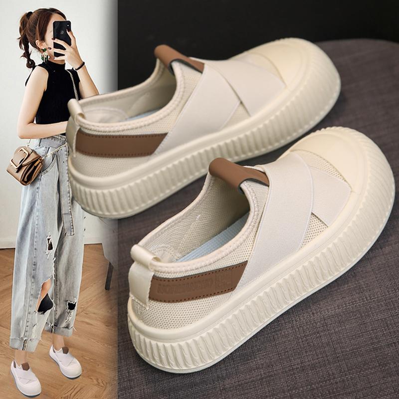 Giày Nữ 2024 Mùa Xuân Mới Giày Slip-on Đế Dày Đa Năng Phổ Biến Thể Thao Xuân Thu Nhẹ Bánh Quy Giày Vải