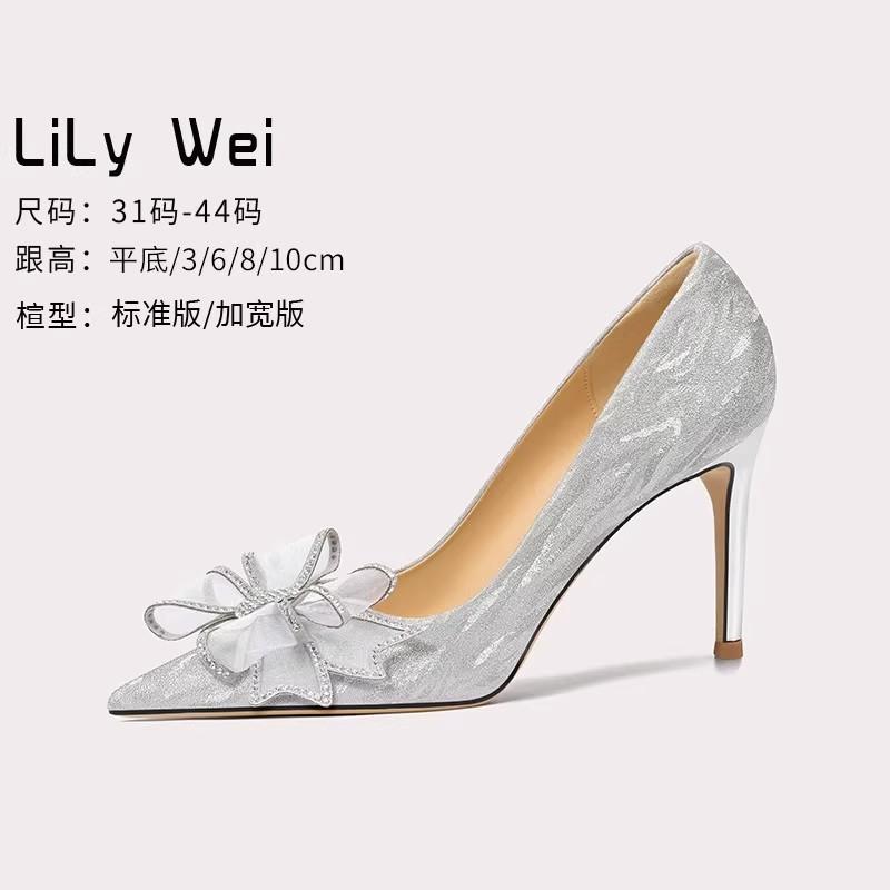 Lily Wei Pháp nơ bạc cao gót phong cách cổ tích tuyệt đẹp giày cưới giày cô dâu cỡ lớn 41 đến 43