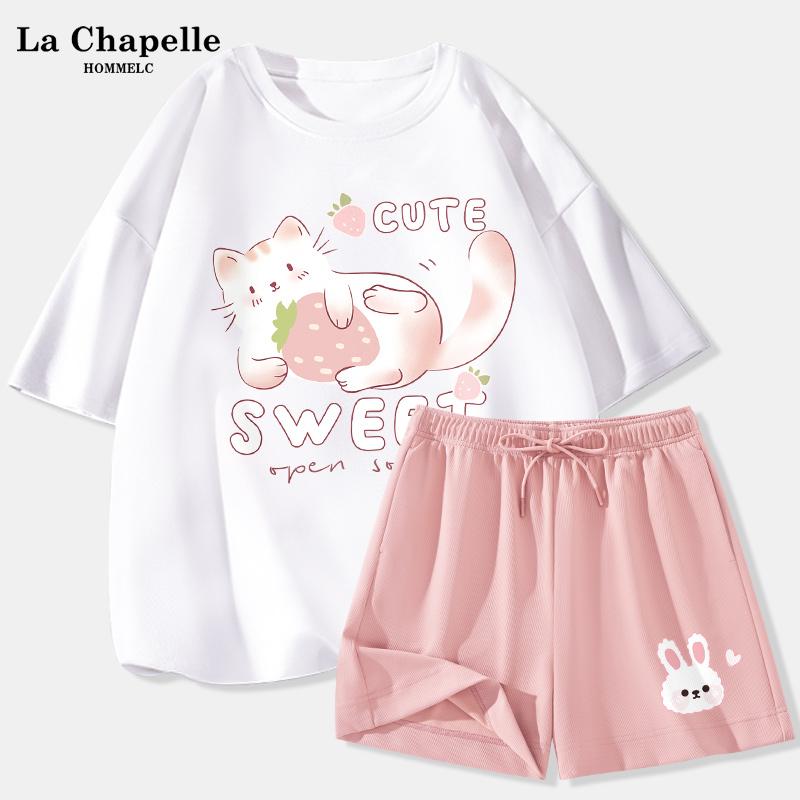 Quần short ngắn tay La Chapelle phù hợp với nữ mùa hè mới 2023 áo thun cotton nhỏ giản dị đồ thể thao J