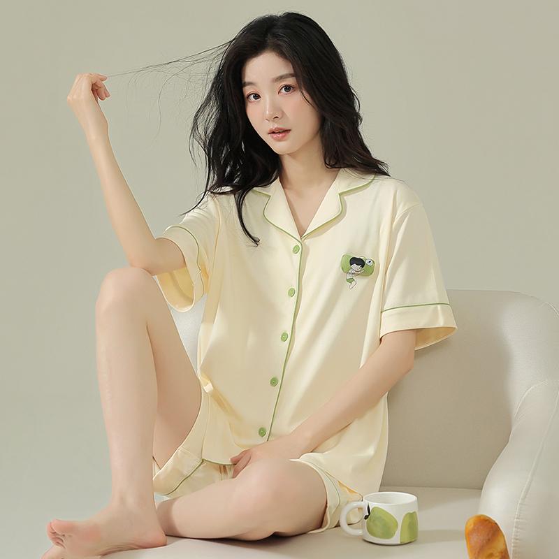 Cổ xưa và hiện đại @ Bộ đồ ngủ cho nữ mùa hè cotton nguyên chất, quần short ngắn tay mỏng, quần áo ở nhà, áo cardigan mùa hè, có thể mặc bên ngoài bộ đồ