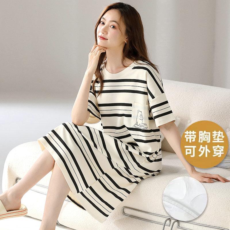 Bộ đồ ngủ có miếng đệm ngực cho nữ phong cách mùa hè cotton nguyên chất một mảnh ngắn tay phong cách Hàn Quốc váy dài mùa hè đồ ngủ phim hoạt hình túi internet phong cách người nổi tiếng