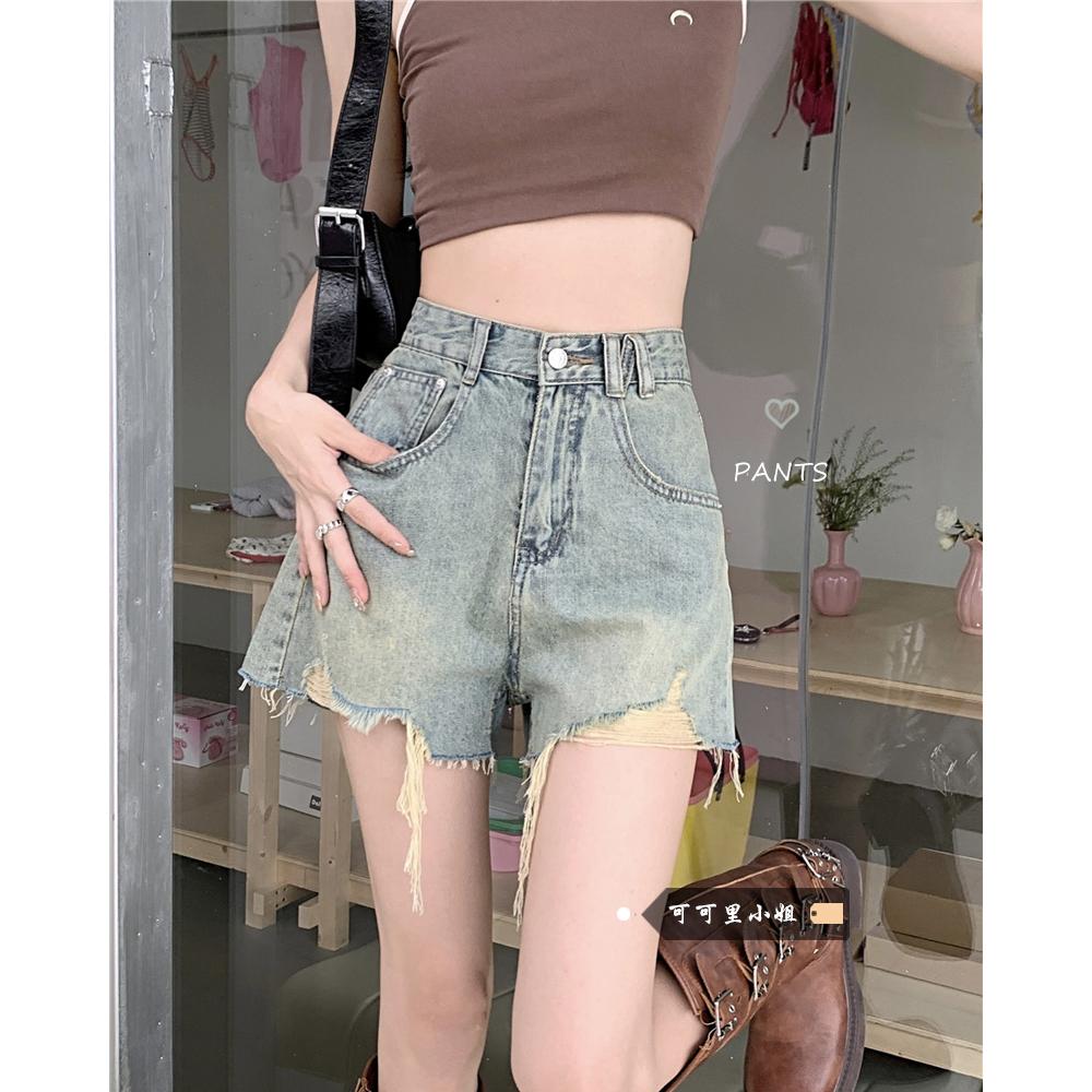 Quần short denim rách cho nữ mùa xuân 2024 mới retro lưng cao thiết kế thon gọn Quần ống rộng chữ A phong cách hot