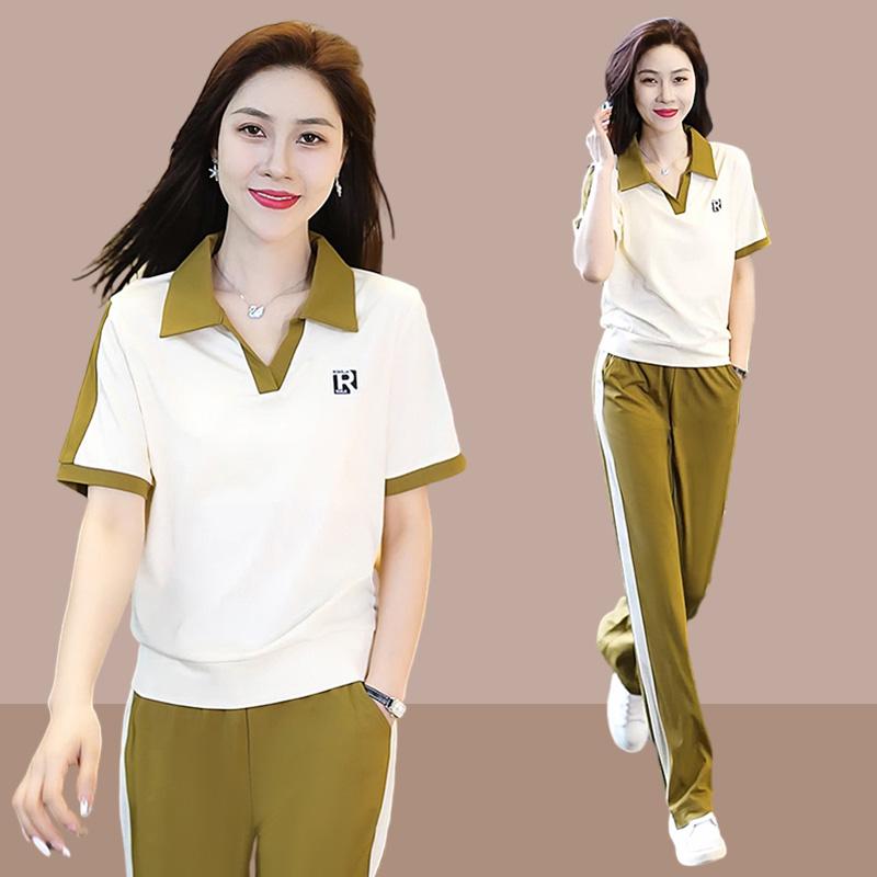 Bộ đồ thể thao cotton giản dị phù hợp với phụ nữ mùa hè mới phong cách nước ngoài polo ve áo ngắn tay quần ống rộng bộ hai mảnh