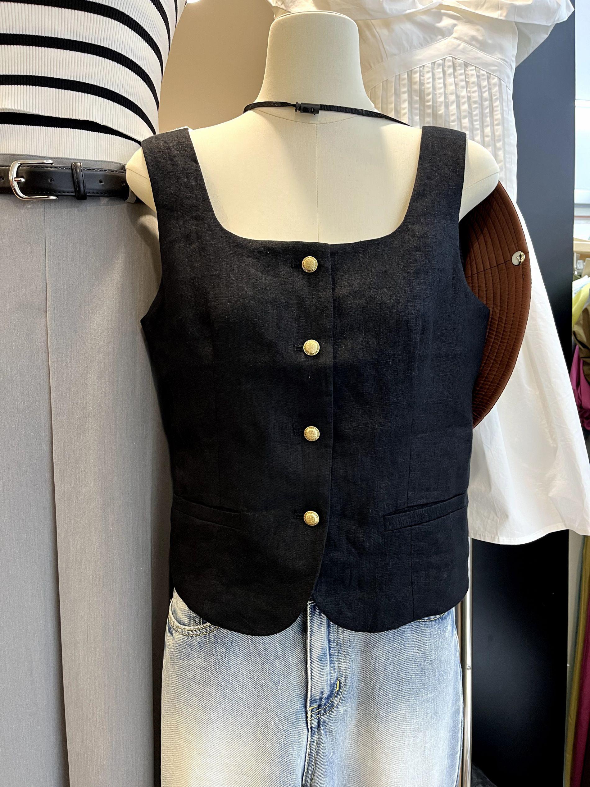 Mười Ba Dòng Mùa Hè Mới Retro Tính Khí Hương Thơm Nhỏ Màu Đen Cao Cấp Cổ Vuông Áo Vest Không Tay Áo Khoác Top Nữ