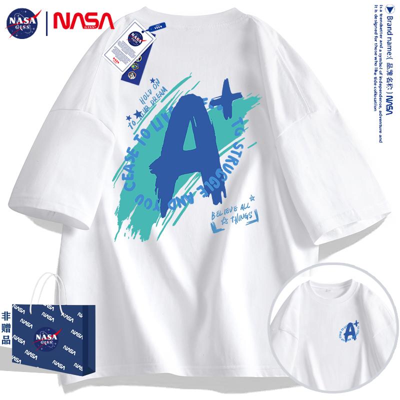 Áo thun ngắn tay cotton nguyên chất đồng thương hiệu NASA dành cho nam và nữ, cùng kiểu AB trước sau in oversize áo sơ mi tay lỡ thời thượng hàng hiệu i