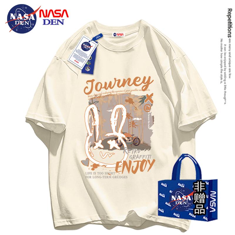 Áo thun ngắn tay cotton nguyên chất hạng nặng của NASA mùa hè dành cho nữ hợp thời trang phong cách Nhật Bản, tay áo ba phần tư rộng rãi và thoải mái