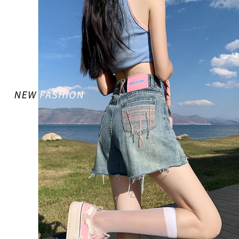 Quần short denim cạp cao nữ mỏng mùa hè 2023 người đàn ông nhỏ bé mới có viền thô quần siêu ngắn hot mùa hè