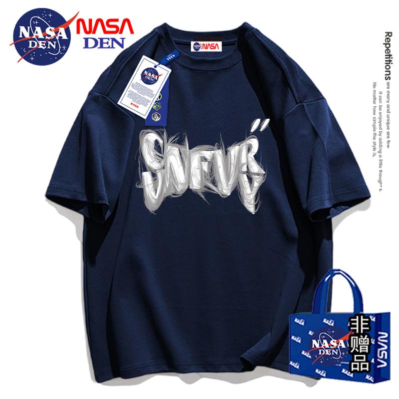 Áo thun ngắn tay cotton nguyên chất hạng nặng kiểu cổ điển của NASA đồng thương hiệu dành cho nữ, kiểu dáng đơn giản, cổ tròn, tay áo ba phần tư đa năng