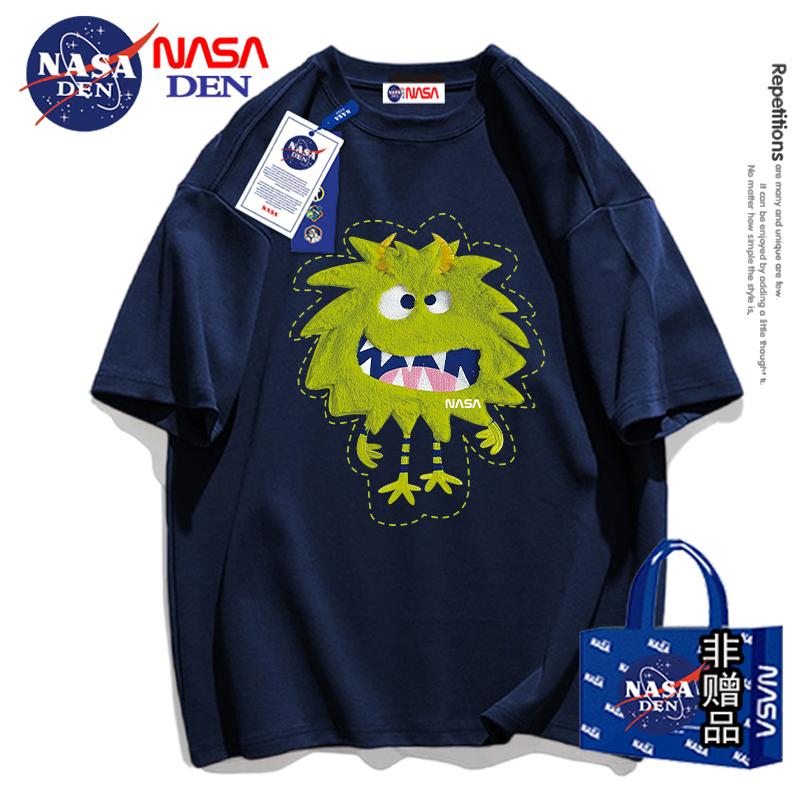 NASA chung mùa hè phong cách Nhật Bản đơn giản, nặng nề nguyên chất cotton ngắn tay áo thun nữ hợp thời trang của thương hiệu rộng rãi, tay áo ba phần tư đa năng