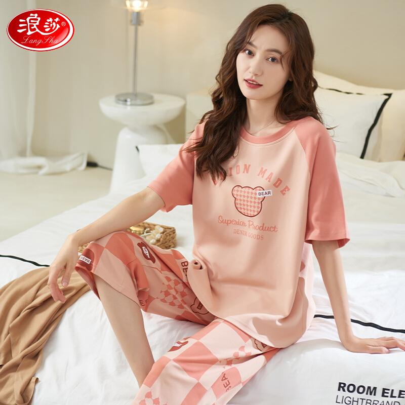 Bộ đồ ngủ Langsha mùa hè của phụ nữ cotton nguyên chất cổ tròn ngắn tay quần cắt hoạt hình dễ thương mùa hè có thể mặc bên ngoài phù hợp với dịch vụ tại nhà