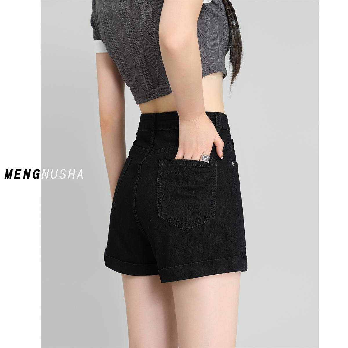 Quần short denim nữ mỏng mùa hè 2023 mùa hè mới màu đen người đàn ông nhỏ cuộn eo cao một từ quần thun nóng