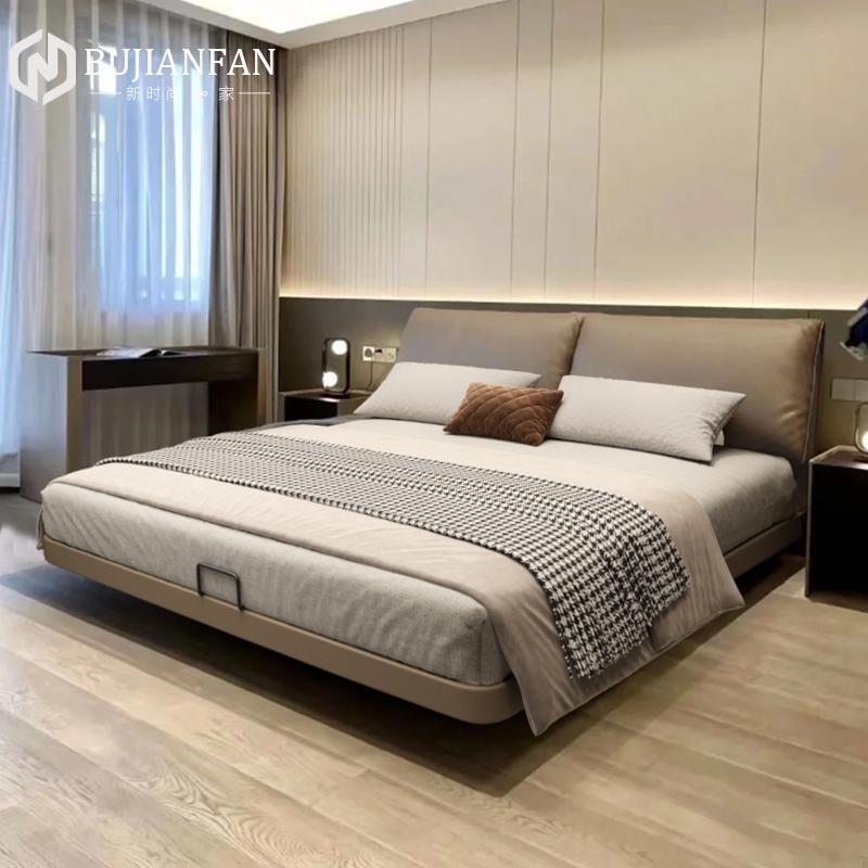 Giường treo tối giản hiện đại da tai voi 2m x 2m 2 phòng ngủ chính giường cỡ King Giường đôi tối giản toàn viền kiểu Ý