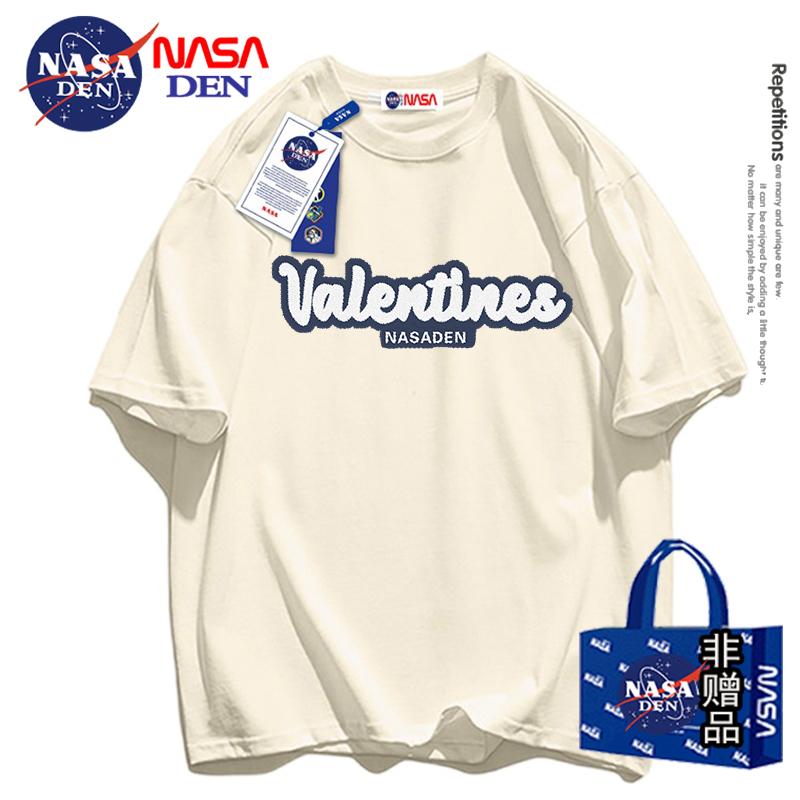 Áo thun ngắn tay cotton nguyên chất hạng nặng cổ điển của NASA đồng thương hiệu mùa hè mới của phụ nữ tay áo 5/4 dáng rộng thông thường và đa năng