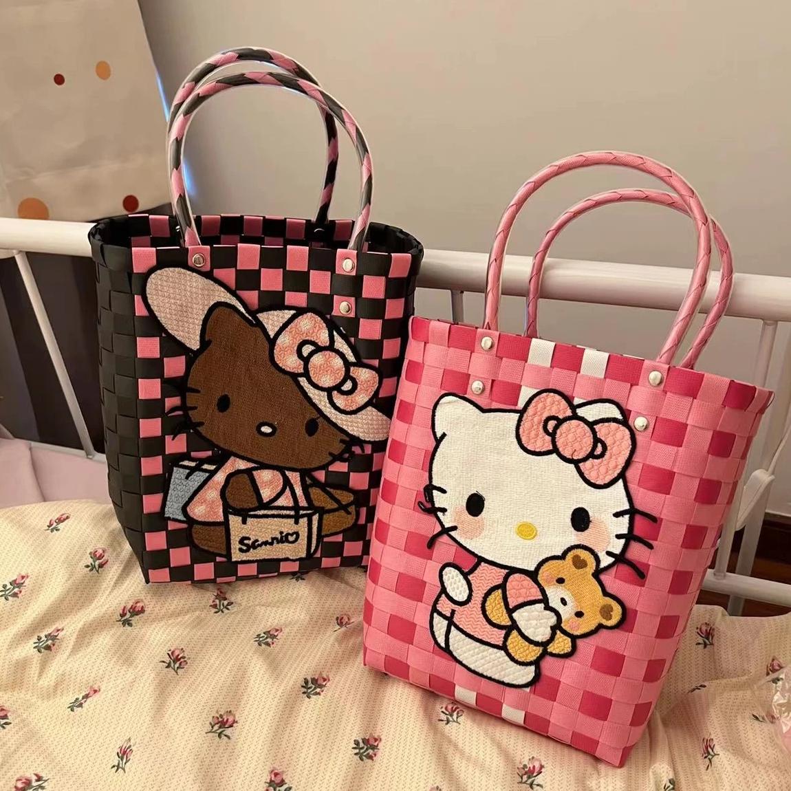 HelloKitty dệt giỏ đựng rau củ nữ công suất lớn KT mèo đi biển túi xách dễ thương da Kitty