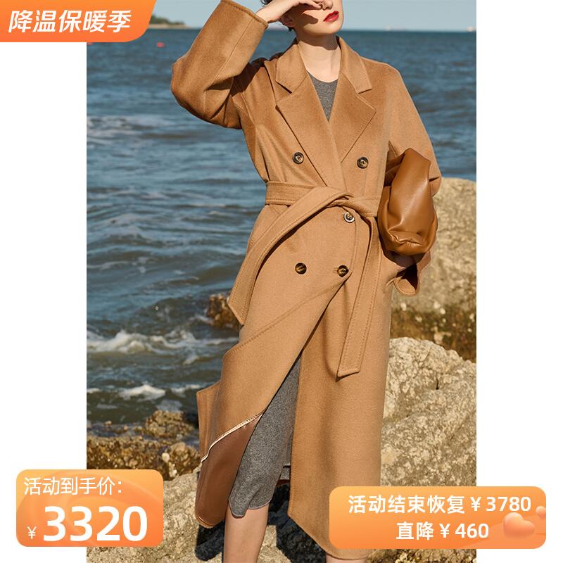 riz!Áo khoác len cashmere hai mặt nhung cao cấp Camel 70 dành cho nữ dài vừa phải áo khoác len mùa thu đông mới 101801