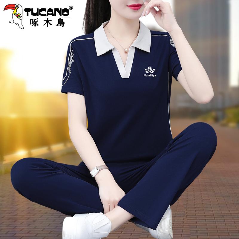 Bộ quần áo thể thao cotton chim gõ kiến ​​mùa hè 2023 mẹ mới phong cách nước ngoài thời trang ngắn tay bộ đồ hai mảnh