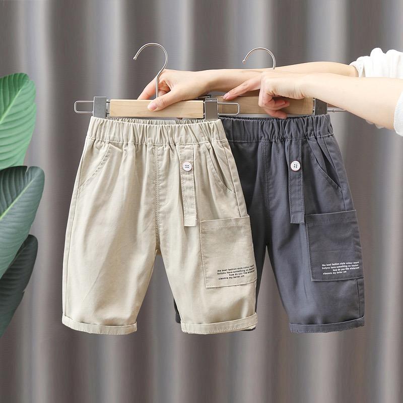 Quần short bé trai mùa hè mỏng 2024 mới bé trai quần yếm cotton nguyên chất trẻ em phong cách phương Tây quần ba phần tư mùa hè cho trẻ em