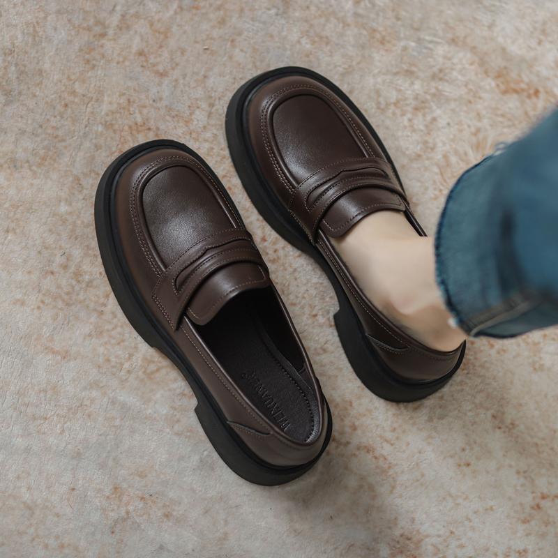 Giày Lười Nữ Da Thật Thu Đông 2023 Giày Nữ Mới Đế Dày Giày Slip On JK Tăng Chiều Cao Giày Da Nhỏ Phong Cách Anh Quốc