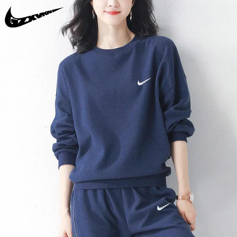 Bộ đồ thể thao Niketon nữ xuân thu 2023 mới thường ngày cộng với quần áo lông cừu Áo thun dày nữ hoàn chỉnh