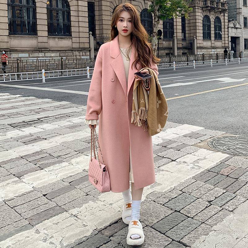 Áo khoác len cashmere hai mặt màu hồng cho nữ mùa thu đông 2023 mới phong cách Hàn Quốc Áo khoác len dáng rộng dài vừa phải phong cách Hepburn