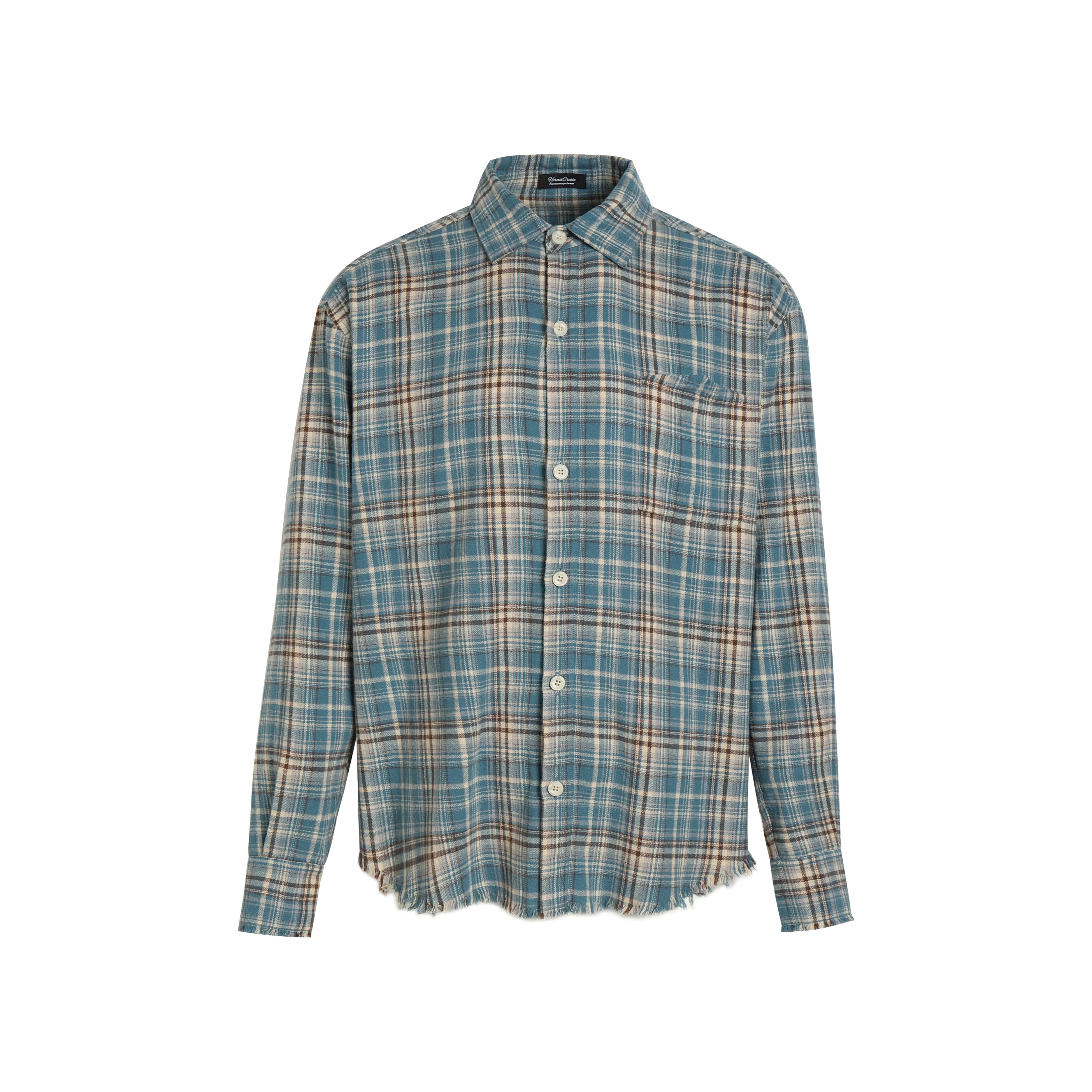 HermitCreate Tùy Chỉnh Kẻ Sọc Flannel Tua Rua Áo Sơ Mi Kẻ Sọc Cotton Nam Cleanfit