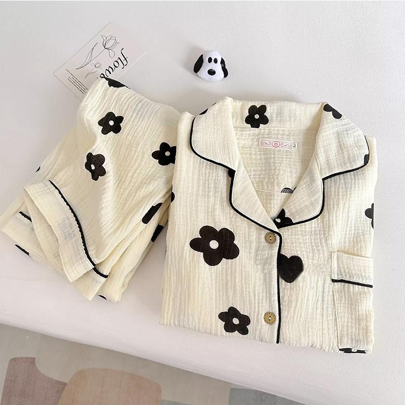 Bộ đồ ngủ cotton gạc cotton nguyên chất quần dài tay nữ mùa xuân thu ngọt ngào phong cách Hàn Quốc cotton bong bóng Bộ đồ hai mảnh mặc nhà cho nữ