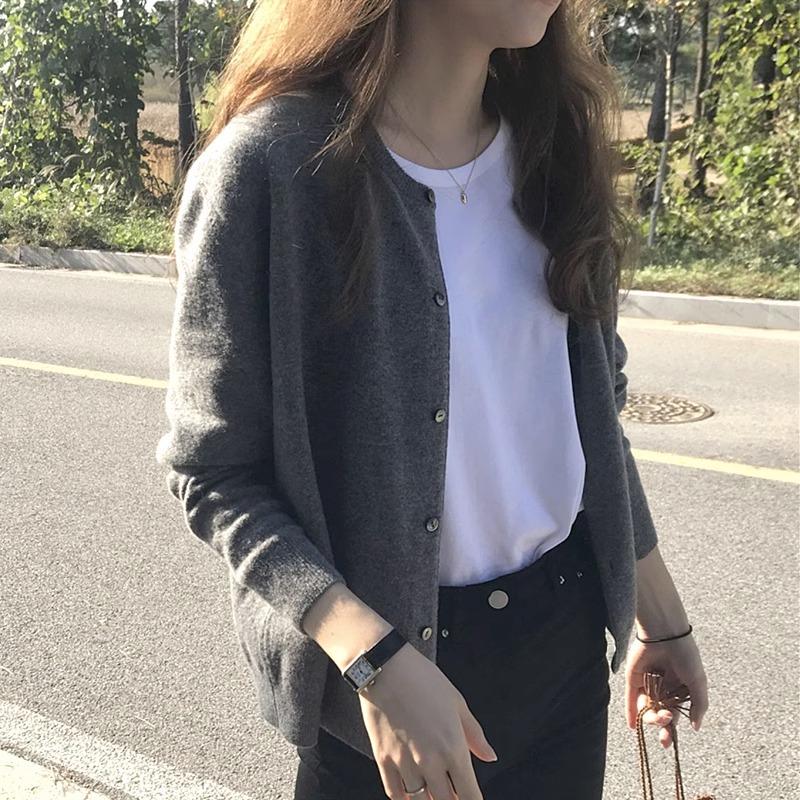 Mùa Xuân Và Mùa Thu Áo Len Dệt Kim Cardigan Nữ Size Lớn Mỡ Mm Hơi Béo Màu Xám Ôm Cổ Tròn Ngoài Top áo Mùa Đông