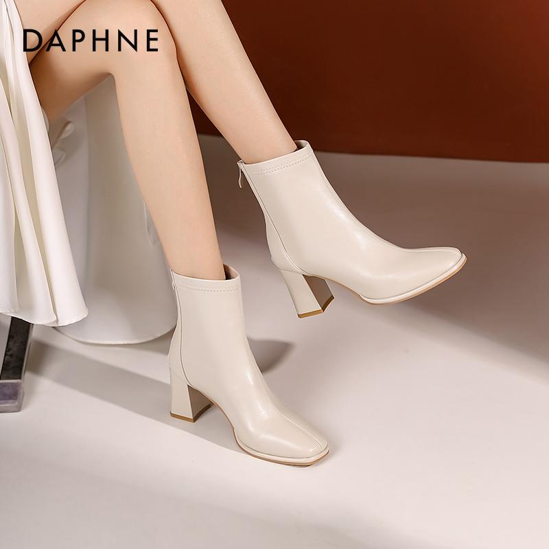 Giày bốt cổ ngắn cao gót da thật Daphne dành cho nữ 2023 giày nữ mới mùa thu đông Giày mẹ Pháp đa năng giày bốt đế dày đế dày