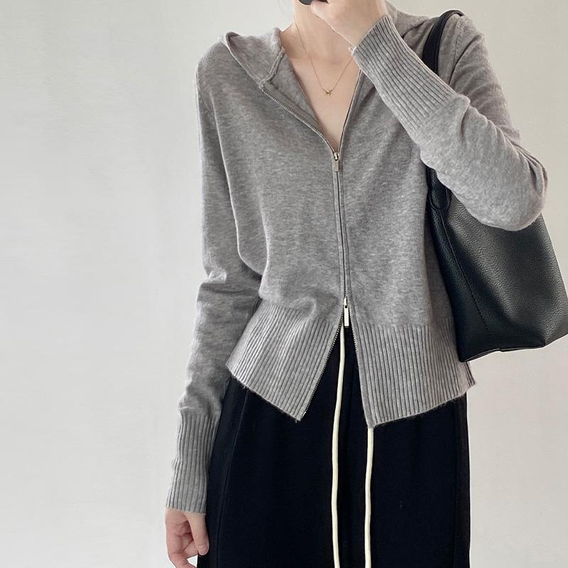 Dây Kéo Đôi Áo Len Có Mũ Áo Khoác Cardigan Nữ Mùa Xuân 2024 Mới Bên Trong Đế Áo Màu Xám Cotton Dày T