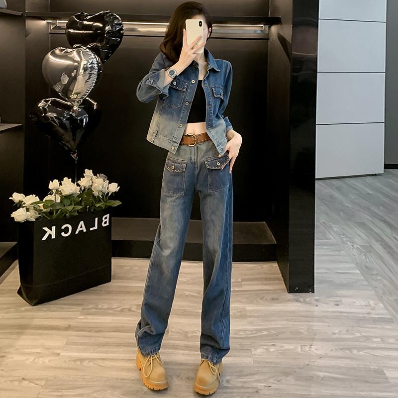 Bộ đồ thường ngày thời trang phổ biến Châu Âu dành cho nữ, xu hướng mùa thu, áo khoác denim công nghiệp nặng phong cách Hồng Kông, bộ hai mảnh quần thẳng