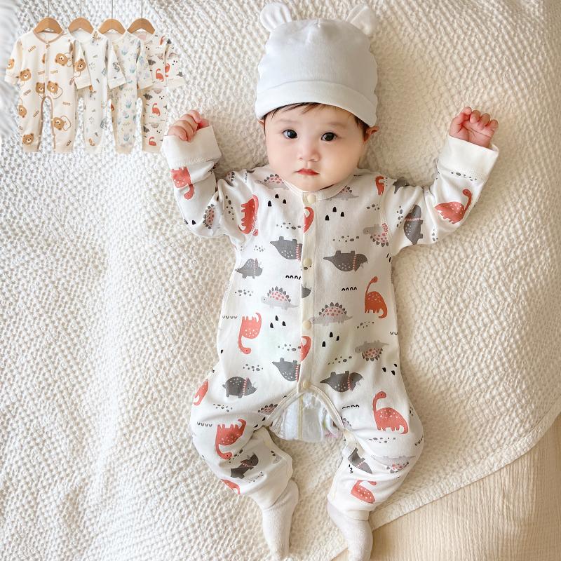 Áo liền quần bảo vệ bụng sơ sinh hở bụng cotton nguyên chất áo choàng dài tay bốn mùa cho bé bò quần áo mùa xuân và mùa thu quần áo trẻ em