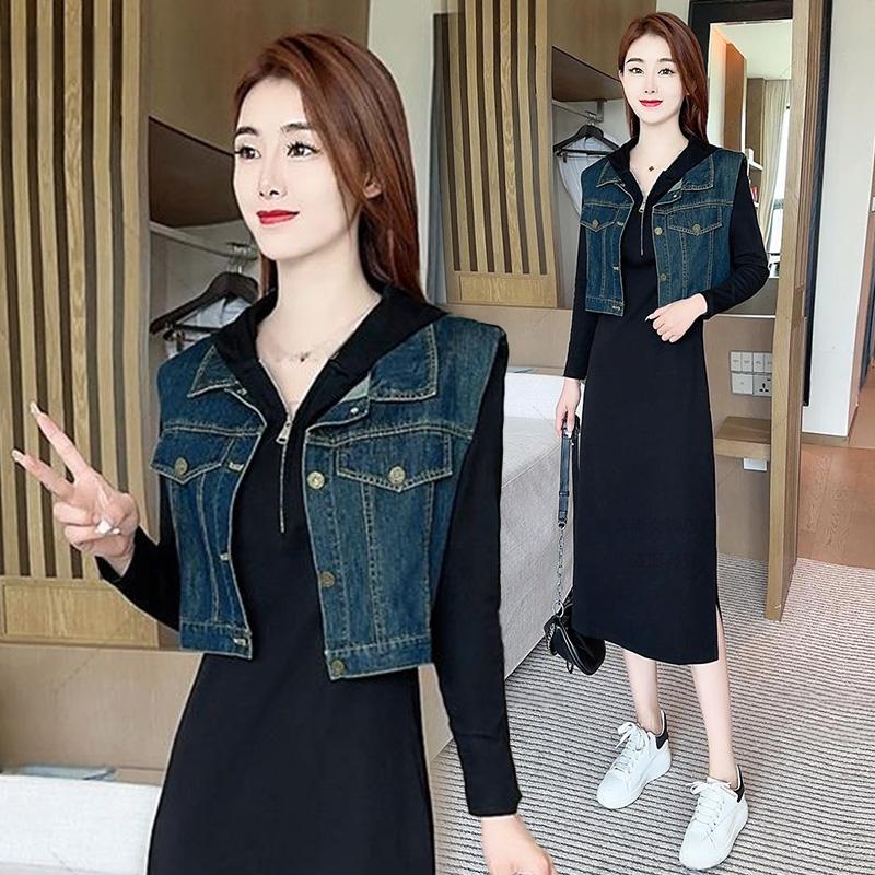 Denim vest đen có mũ trùm đầu dành cho nữ mùa xuân thu 2023 mới thường ngày phong cách phương Tây thời trang váy dài 2 bộ