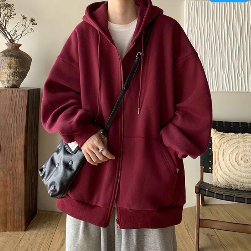 Burgundy Cardigan Có Mũ Nam Mùa Thu Đông Nhung Dày 2023 Mới Áo Dây Kéo Oversize Nặng