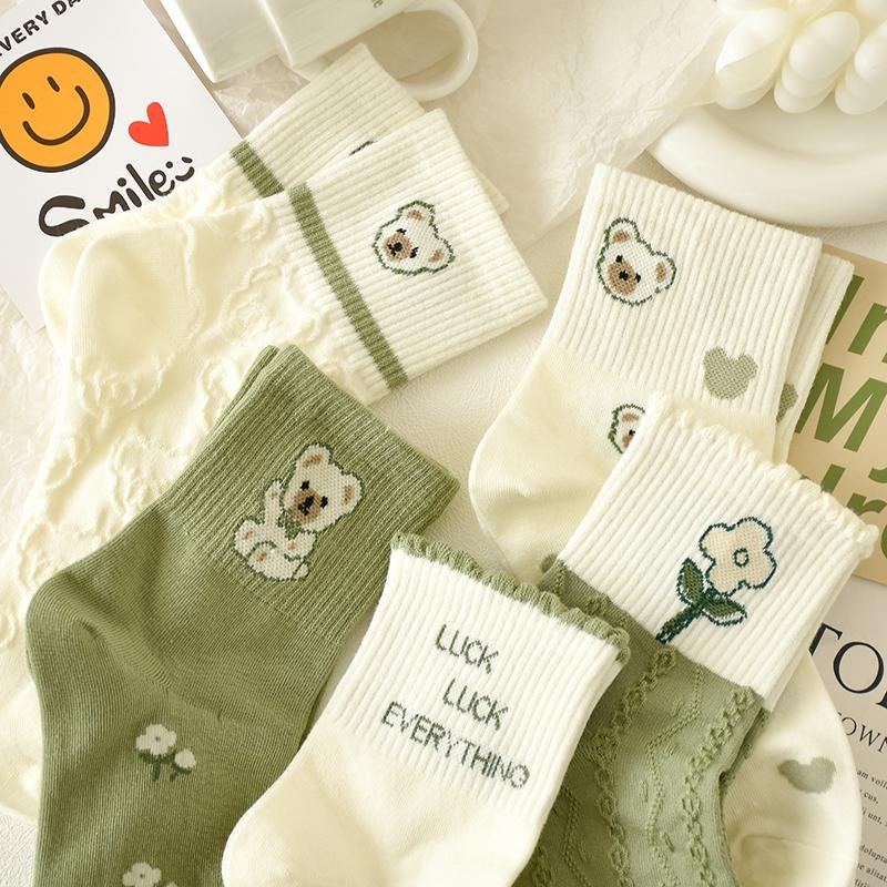 Tất gấu xanh đến giữa bắp chân nữ cotton nguyên chất mùa thu phiên bản Hàn Quốc tất đa năng dễ thương học sinh thể thao phong cách Nhật Bản xuân thu