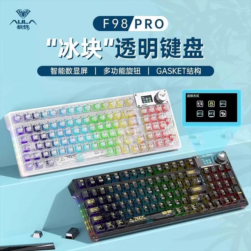 Wolf Spider F98pro Bàn phím cơ trong suốt không dây 3 chế độ tùy chỉnh màn hình hiển thị Cấu trúc đệm có thể tráo đổi nhanh RGB